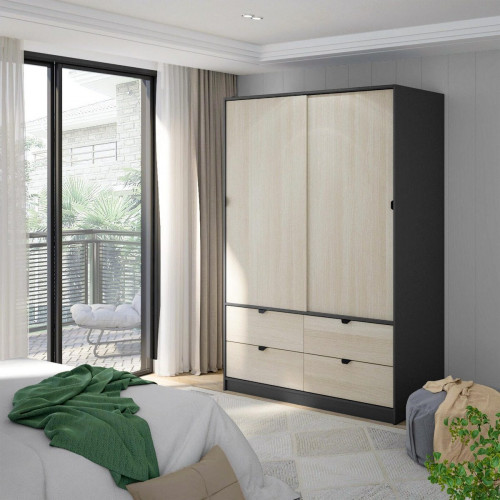 Armario puerta corredera Garona 140x200x60cm con 2 puertas color roble y 4 cajones
