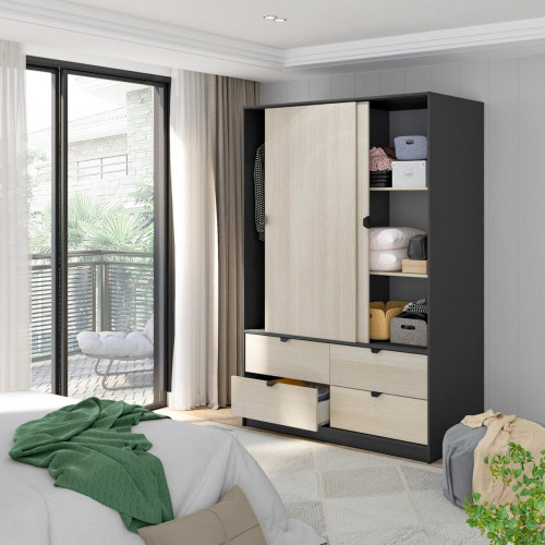 Armario puerta corredera Garona 140x200x60cm con 2 puertas color roble y 4 cajones