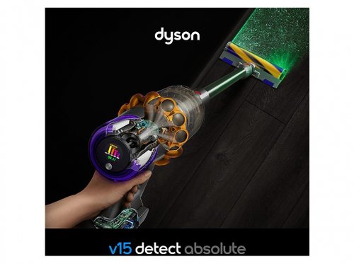 Aspirador escoba - Dyson V15 Detect™ Absolute, Potencia succión 240 AW, Autonomía 60 min, Minicepillo motorizado, 3 Modos, Láser, Sensor Suciedad