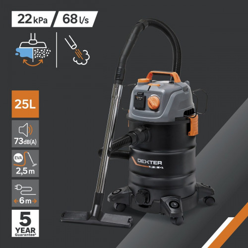Aspirador para seco y húmedo DEXTER PRO - alimentación red eléctrica - 1400 W - Capacidad del depósito 25 L y de acero