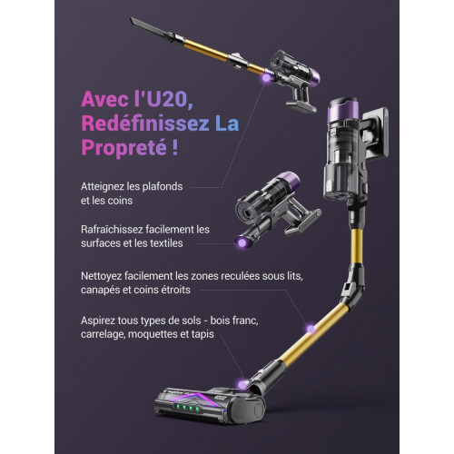 Aspirador sin cable Ultenic UW20, 80Kpa/60Min, Aspirador Escoba con Brazo Flexible, Cepillo Anti-Enredo Mejorado