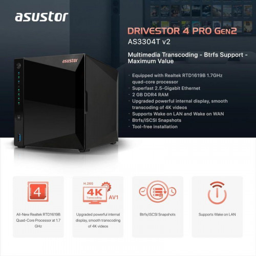 Asustor Drivestor 4 Pro Gen2 AS3304T V2 NAS 4 Bahías Negro