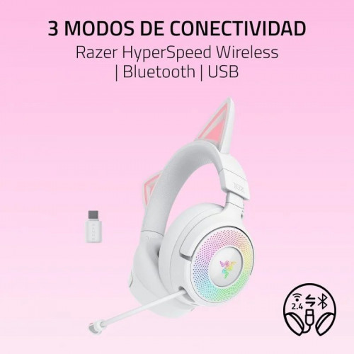 Auriculares Gaming Razer Kraken Kitty V3 Pro inalámbricos HyperSpeed RGB con micrófono y orejas de gato blancos