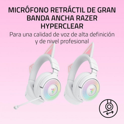 Auriculares Gaming Razer Kraken Kitty V3 Pro inalámbricos HyperSpeed RGB con micrófono y orejas de gato blancos