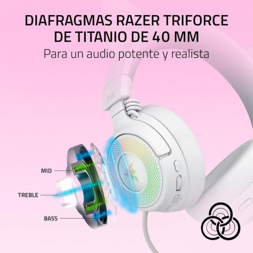 Auriculares Gaming Razer Kraken Kitty V3 Pro inalámbricos HyperSpeed RGB con micrófono y orejas de gato blancos