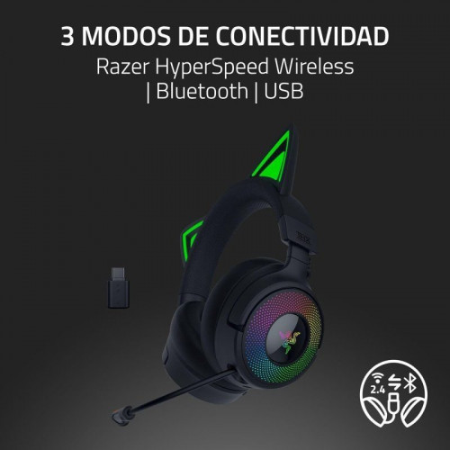 Auriculares Inalámbricos Razer Kraken Kitty V3 Pro inalámbricos HyperSpeed RGB con orejas de gato, micrófono y THX Spatial Audio negros