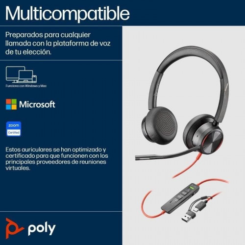 Auriculares Poly Blackwire 8225 con cable USB-C, cancelación de ruido activa, oficina, negros