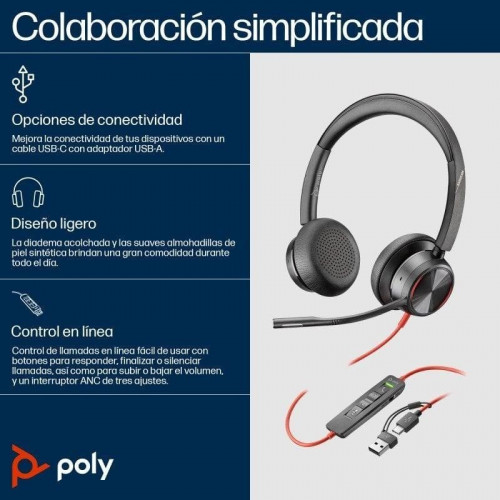 Auriculares Poly Blackwire 8225 con cable USB-C, cancelación de ruido activa, oficina, negros