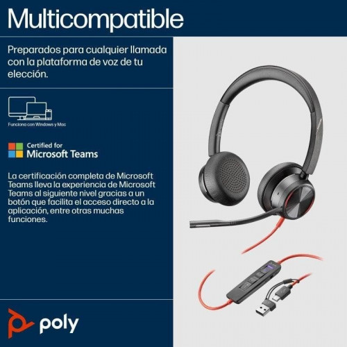 Auriculares Poly Blackwire 8225 con cable USB-C, cancelación de ruido activa, oficina, negros