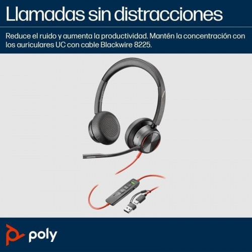 Auriculares Poly Blackwire 8225 con cable USB-C, cancelación de ruido activa, oficina, negros