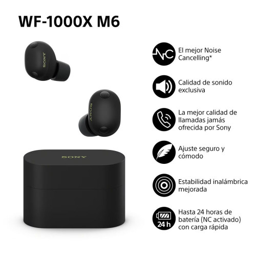 Auriculares True Wireless Sony WF-1000XM6 con cancelación de ruido, Bluetooth, IPX4, 24 horas de batería Negro