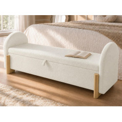 Banco baúl acolchado 146x47x61cm - patas de madera en forma de U - chenilla bouclé + madera maciza + MDF - Blanco
