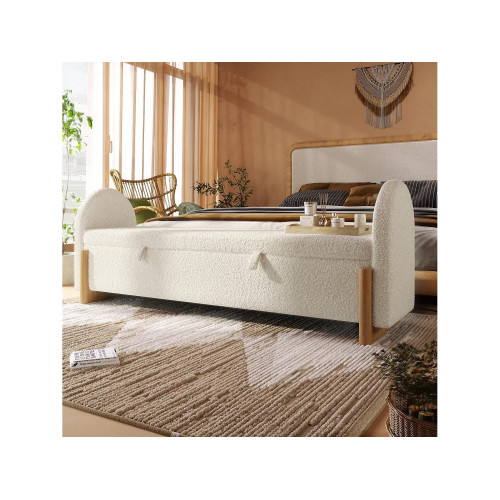 Banco baúl acolchado 166x47x61cm - patas de madera en forma de U - chenilla rizada + madera maciza + MDF - Blanco
