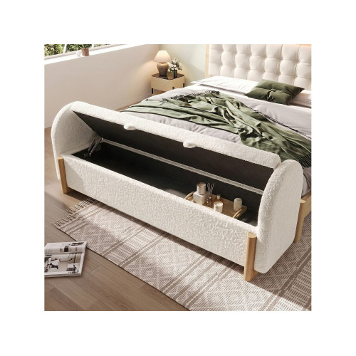 Banco baúl acolchado 166x47x61cm - patas de madera en forma de U - chenilla rizada + madera maciza + MDF - Blanco