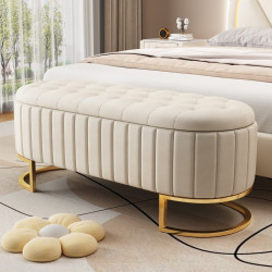 Banco con almacenaje, banco - 120 x 39,9 x 41,9 cm - Patas de terciopelo y metal - Beige