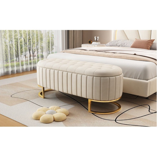 Banco con almacenaje, banco - 120 x 39,9 x 41,9 cm - Patas de terciopelo y metal - Beige