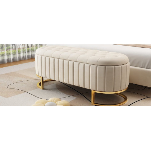 Banco con almacenaje, banco - 120 x 39,9 x 41,9 cm - Patas de terciopelo y metal - Beige