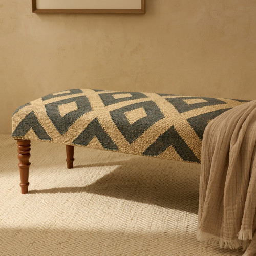 Banco de madera de mango tapizado rombos Delhi Beige / Azul