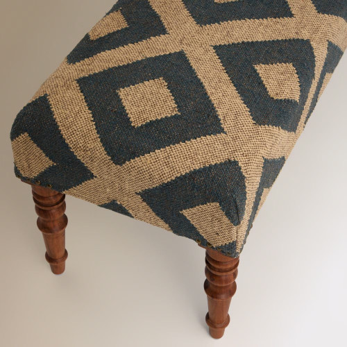 Banco de madera de mango tapizado rombos Delhi Beige / Azul