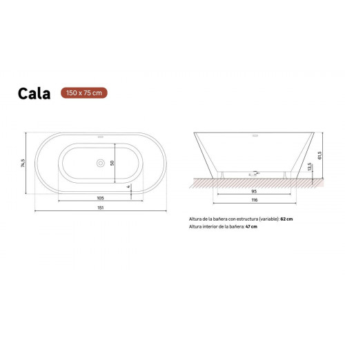 Bañera exenta de acrílico CALA OBATH 150x75x62 cm blanco