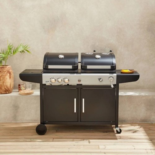 Barbacoa 2 en 1 de gas y carbón con 3 quemadores