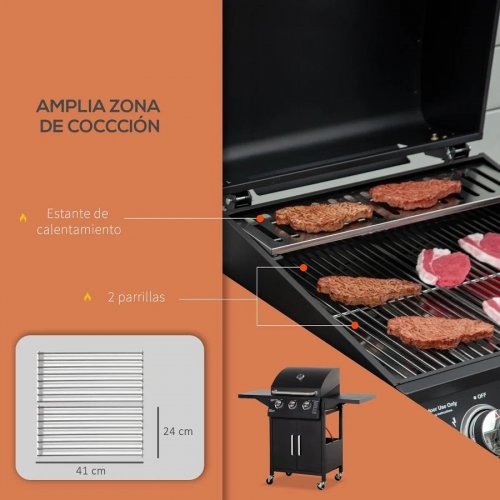Barbacoa de gas con 3 quemadores 4 ruedas outsunny 121x55x109
