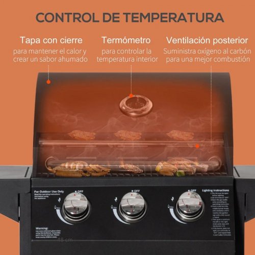 Barbacoa de gas con 3 quemadores 4 ruedas outsunny 121x55x109
