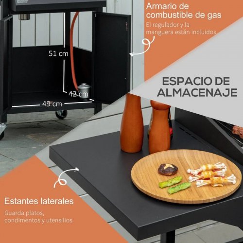Barbacoa de gas con 3 quemadores 4 ruedas outsunny 121x55x109