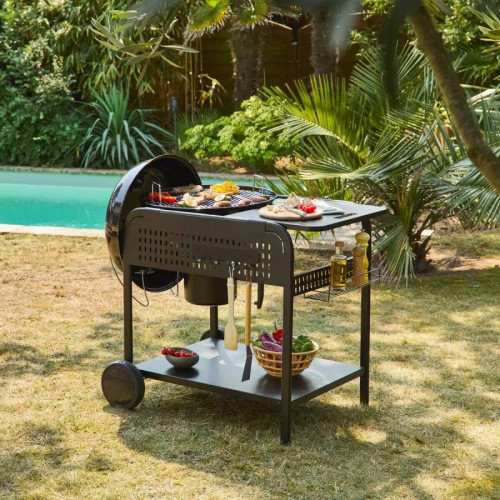 Barbacoa redonda de carbón de acero esmaltado con carrito