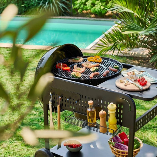 Barbacoa redonda de carbón de acero esmaltado con carrito