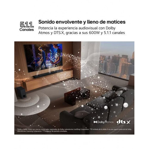 Barra de sonido LG S70TR AI Sound Pro 4K, 5.1.1, 500W, HDR10, Dolby Vision, Dolby Atmos y DTS:X, Subwoofer inalámbrico Negro