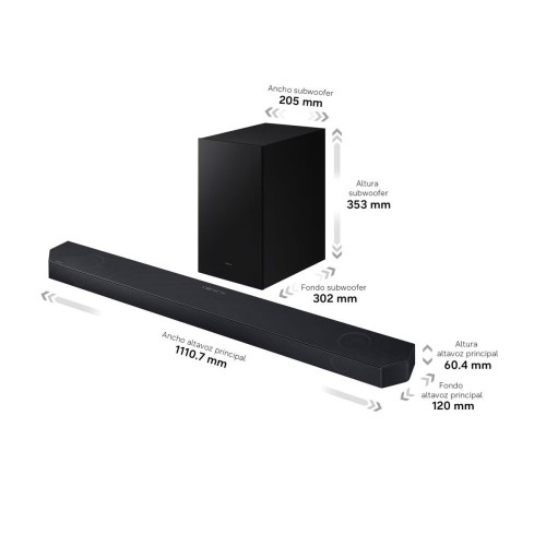 Barra de Sonido Samsung 2026 HW-Q600H Inalámbrico Dolby Atmos con Wi-Fi. 3.1.2 canales con 9 altavoces. Subwoofer inalámbrico Negro Titanio