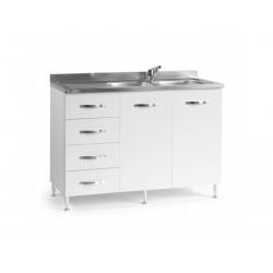 Base bajo fregadero cocina 120x50xH85 de madera con cajonera y fregadero doble blanco con textura - Foligno