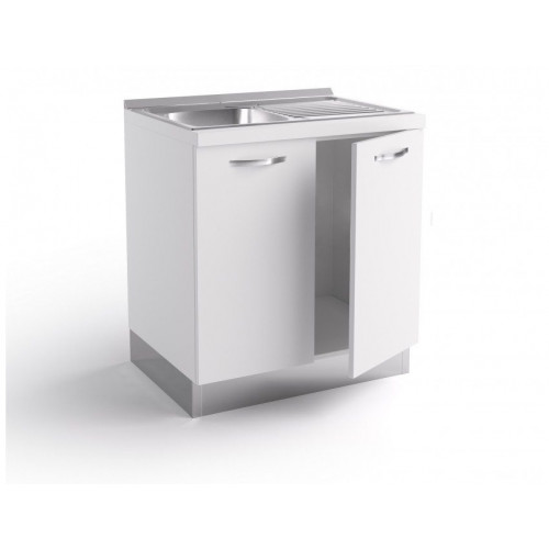 Base de fregadero de cocina 80x60x84 cm en madera blanca mate con fregadero de acero inoxidable y dos puertas - Massa