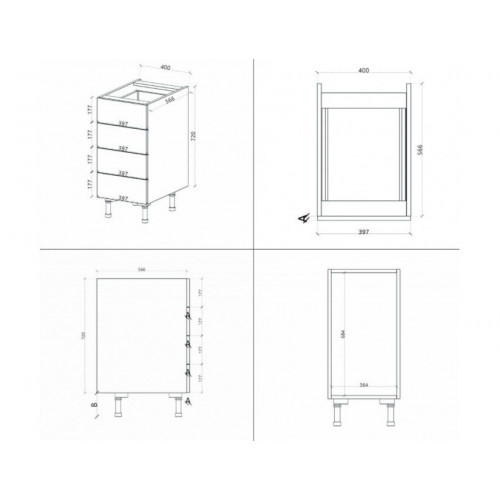 Base de la cajonera de la cocina 40x60x84 cm en madera blanca mate con cuatro cajones - Massa