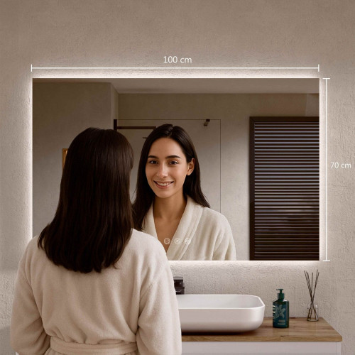 BELLOBATH - Espejo Baño con Luz Led, Luz Ajustable en 3 Colores e Intensidad, Antivaho - Luz Indirecta - 70cm alto x 100cm ancho