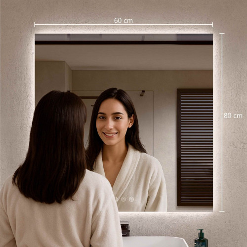 BELLOBATH - Espejo Baño con Luz Led, Luz Ajustable en 3 Colores e Intensidad, Antivaho - Luz Indirecta - 80cm alto x 60cm ancho