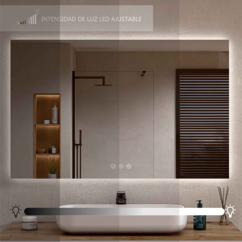 BELLOBATH - Espejo Baño con Luz Led, Luz Ajustable en 3 Colores e Intensidad, Antivaho - Luz Indirecta - 70cm alto x 100cm ancho