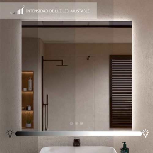 BELLOBATH - Espejo Baño con Luz Led, Luz Ajustable en 3 Colores e Intensidad, Antivaho - Luz Indirecta - 80cm alto x 60cm ancho
