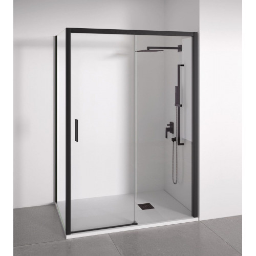 BELLOBATH - Mampara de Ducha Angular 1 Corredera + 2 fijos - Vidrio Antical - Negro - Ancho Adaptable 95-100x67-70 - Puerta Izquierda