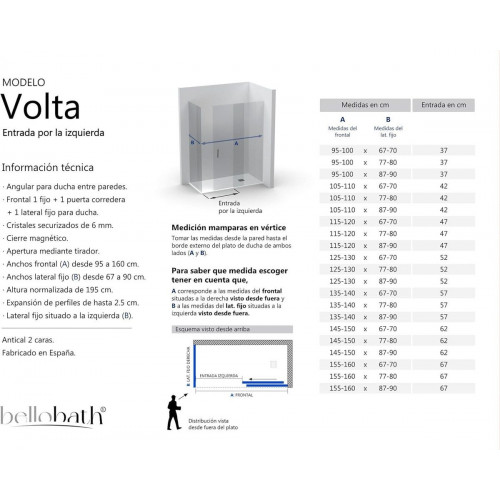 BELLOBATH - Mampara de Ducha Angular 1 Corredera + 2 fijos - Vidrio Antical - Negro - Ancho Adaptable 95-100x67-70 - Puerta Izquierda