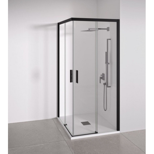 BELLOBATH - Mampara de Ducha Angular 2 puertas correderas + 2 fijos - Vidrio Templado - Negro Mate - Ancho adaptable 67-69 x 87-89 cm -Alto 195 cm