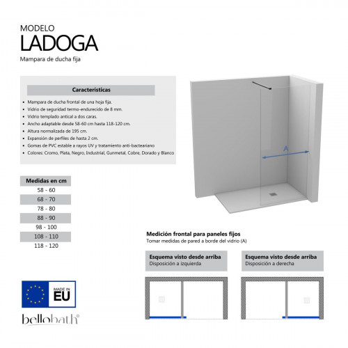 BELLOBATH - Mampara de ducha frontal panel fijo - Transparente - Perfilería Plata Brillo - Ancho adaptable 78-80 cm - Alto 195 cm