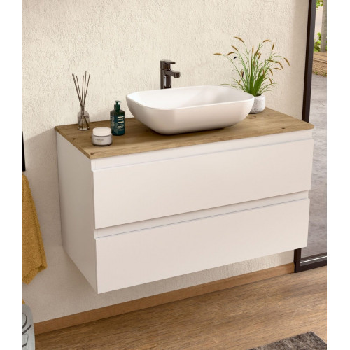 BELLOBATH - Mueble de baño suspendido con lavabo de cerámica, Mueble con 2 Cajones, 100 x 55 x 46 cm, Mueble blanco y tapa roble