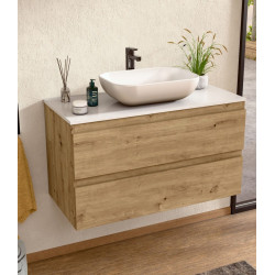 BELLOBATH - Mueble de baño suspendido con lavabo de cerámica, Mueble con 2 Cajones, 80 x 55 x 46 cm, Mueble roble y tapa blanca