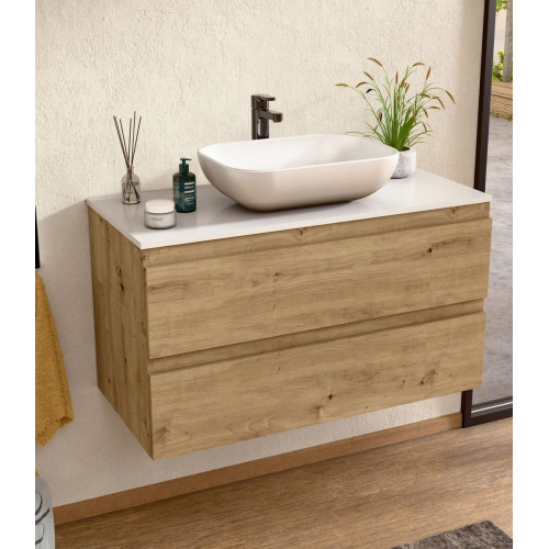 BELLOBATH - Mueble de baño suspendido con lavabo de cerámica, Mueble con 2 Cajones, 80 x 55 x 46 cm, Mueble roble y tapa blanca