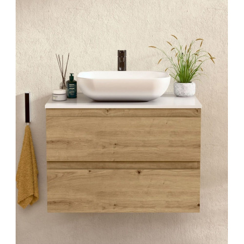 BELLOBATH - Mueble de baño suspendido con lavabo de cerámica, Mueble con 2 Cajones, 80 x 55 x 46 cm, Mueble roble y tapa blanca