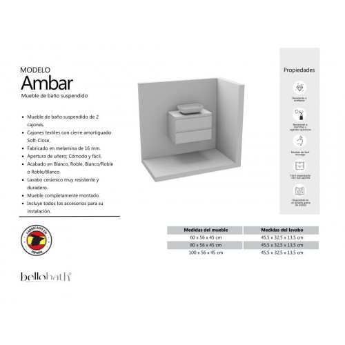 BELLOBATH - Mueble de baño suspendido con lavabo de cerámica, Mueble con 2 Cajones, 80 x 55 x 46 cm, Mueble roble y tapa blanca