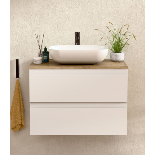 BELLOBATH - Mueble de baño suspendido con lavabo de cerámica, Mueble con 2 Cajones, 100 x 55 x 46 cm, Mueble blanco y tapa roble