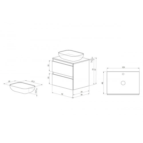 BELLOBATH - Mueble de baño suspendido con lavabo de cerámica, Mueble con 2 Cajones, 100 x 55 x 46 cm, Mueble blanco y tapa roble